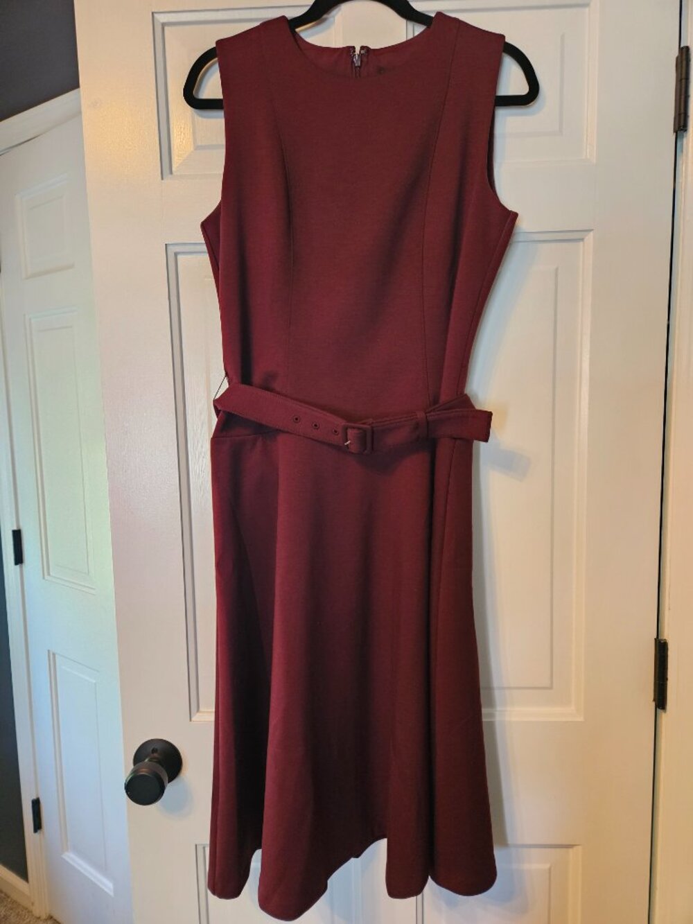 Ann Taylor Petite Burgundy Belted Fit & Flare Dress Sleeveless 8P